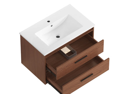 Wall Mounting Bathroom Vanity With Soft Close 2 Drawer, Sink - Reddish Brown