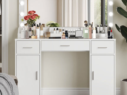 Vanity Desk With Large Mirror, 3 Colour Lighting Modes, Adjustable Brightness, Dresser With 3 Drawers & 2 Vertical Cabinets, Makeup Vanity Table For Women & Girls