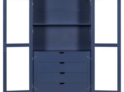 Kitchen Pantry, Freestanding Kitchen Storage Cabinet Display Cabinet With Glass Doors And 4 Built In Drawers For Living Room, Home Office - Blue