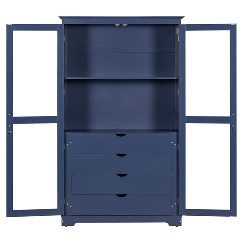 Kitchen Pantry, Freestanding Kitchen Storage Cabinet Display Cabinet With Glass Doors And 4 Built In Drawers For Living Room, Home Office - Blue