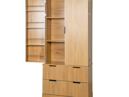 Fluted Kitchen Pantry Cabinet With 2 Large Drawers & 8 Door Spice Rack Freestanding Storage Organizer - Oak