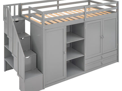 Loft Bed With 3 Shelves, 2 Wardrobes, 2 Drawers, Ladder Storage