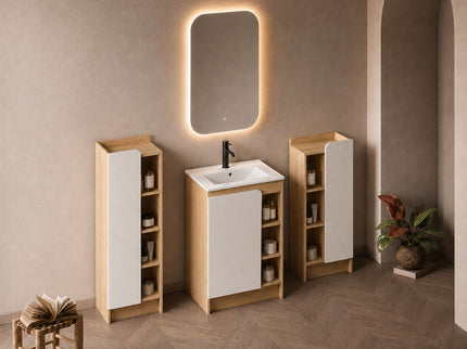 24" Bathroom Vanity With Sink & Tall And Low Side Cabinets, Vanity Set With Thin Edge Sink & Interchangeable Door Panels, 3 Piece Bathroom Storage Set - Black / Light Oak / White