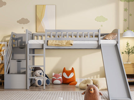 Loft Stairway Bed With 2 Drawers, Convertible Ladder And Slide