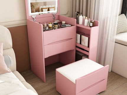 Flip Mirror Vanity Desk With Adjustable LED Lights & Stool For Bedroom
