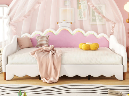 Extending Daybed With LED Lights, Modern Upholstered Princess Daybed With Crown Headboard