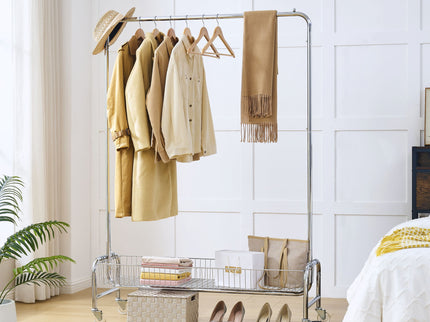 Heavy Duty Iron Garment Rack With Basket On Wheels - Silver