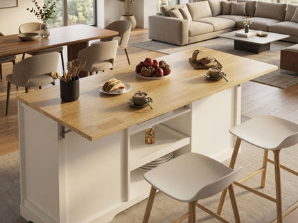 Drop Leaf Kitchen Island With Storage, Power Outlet & Pet Bowl Drawer - White / Light Oak