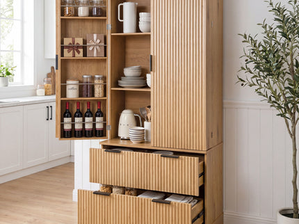 Fluted Kitchen Pantry Cabinet With 2 Large Drawers & 8 Door Spice Rack Freestanding Storage Organizer - Oak