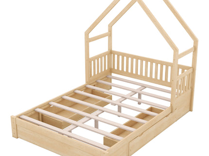 House Style Platform Bed With Guardrail And 2 Drawers