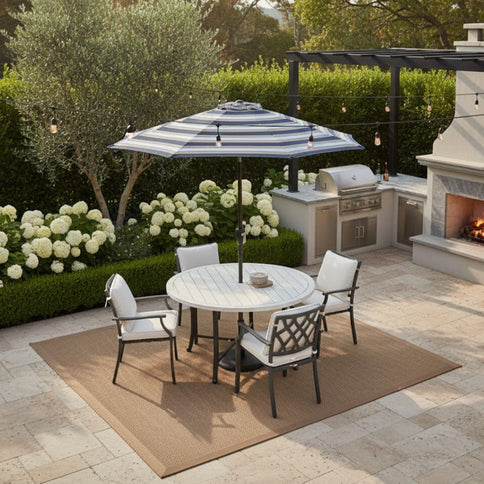 Patio Umbrella With Crank Lift & Push Button Tilt Frame, 200G / Sqm Solution Dyed Canopy - Blue Multi / Brown