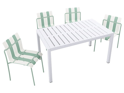 4 Piece Set Of Striped Color Blocking Single Chairs With Long Table - Cream White / Haze Green / White