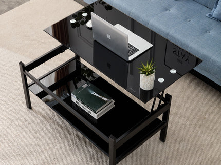 Glass Lift Top Coffee Table, Modern Simple 2-Layer Tempered Glass Coffee Table For Living Room - Black