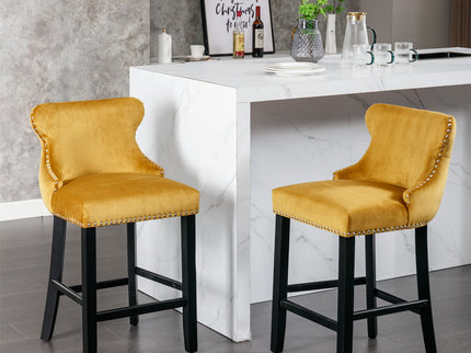 Contemporary Upholstered Wing-Back Barstools With Button Tufted Decoration And Wooden Legs, And Nailhead Trim, Leisure Style Bar Chairs, Bar Stools (Set of 2)