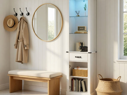 Pantry Cabinet With LED Lights And Barn Door With Tempered Glass Shelves - White