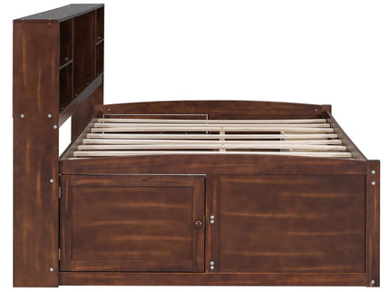 Full Size Captain Bed With Built In Storage Shelves, 4 Drawers And 2 Cabinets - Antique Brown
