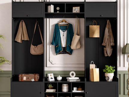 Wide Hall Tree With Shoe Storage, 4 In 1 Entryway Bench With 8 Cubbies, 7 Coat Hooks & Adjustable Shelf For Hallway - Black