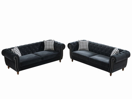 Chesterfield Upholstery Fabric Sofa With Roll Armrest & Nailhead, Mid Century Modern 3 And 3 Seater Couch