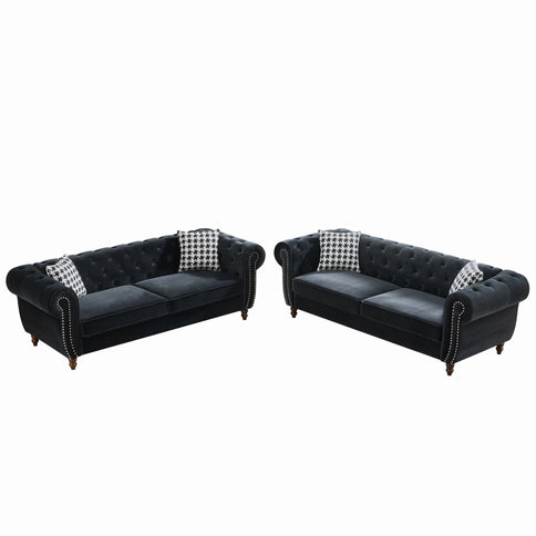 Chesterfield Upholstery Fabric Sofa With Roll Armrest & Nailhead, Mid Century Modern 3 And 3 Seater Couch