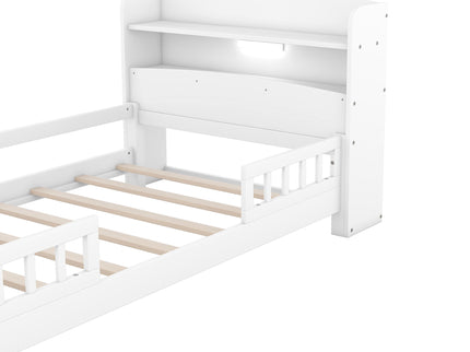 Wood Platform Bed With Built In LED Light, Storage Headboard And Guardrail