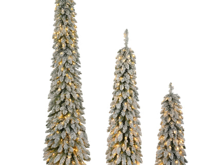 Slim Snow Flocked Pre Lit Pencil Christmas Tree, 3.9Ft / 5.9Ft / 7.9Ft With 750 Branch Tips, 480 LED Lights, Warm Glow, For Indoor Holiday Decor - White
