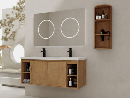 Modern 48" Wall Mounted Bathroom Vanity With Double Resin Sink And Storage Rack Soft Close Doors - Imitative Oak