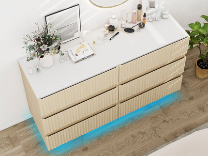 Fluted 6 Drawers Dresser, Double Dresser Chest Of Drawers, Modern Chest Of Drawers With LED, Drawer Organizer For Bedroom, Living Room, Hallway - Natural