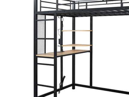 Loft Bed With Desk, Shelves, Power Outlet, LED Light And Wardrobe