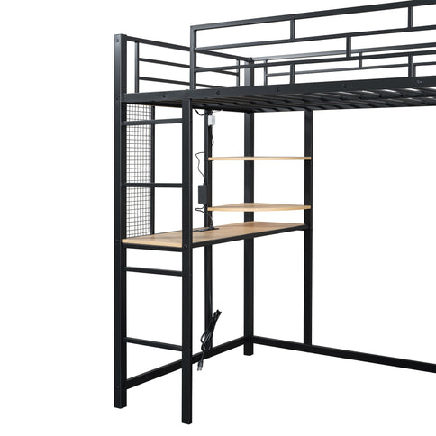 Loft Bed With Desk, Shelves, Power Outlet, LED Light And Wardrobe