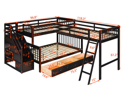Solid L Shaped Bunk Bed With 3 Drawers, Ladder And Staircase