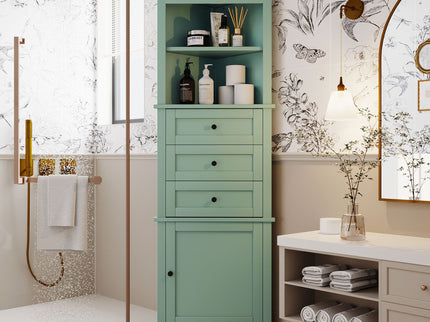 Tall Storage Cabinet With 3 Drawers And Adjustable Shelves For Bathroom