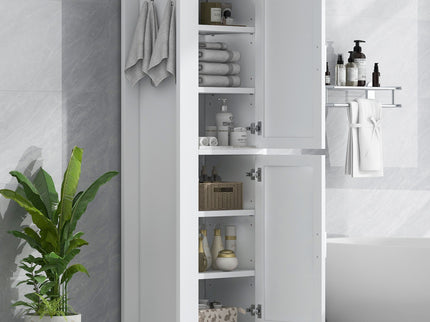 Tall Freestanding Bathroom Storage Cabinet With Adjustable Shelves And Side Hooks