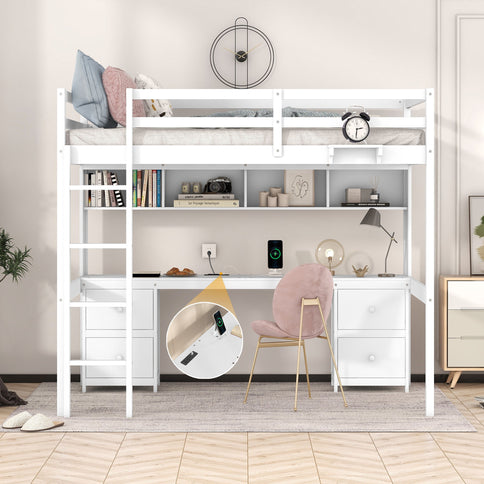 Full Size Loft Bed With Desk, Cabinets, Drawers, Charging Station And Bedside Tray, Sturdy Frame, No Box Spring Required - White