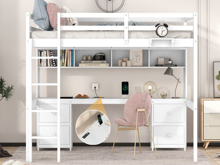 Loft Bed With Desk, Cabinets, Drawers, Charging Station And Bedside Tray