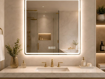 36 X 36 LED Bathroom Mirror With Dimmable Frosted Light Band, 3 Color Temperatures, Anti Fog, Memory & Auto Off - Silver