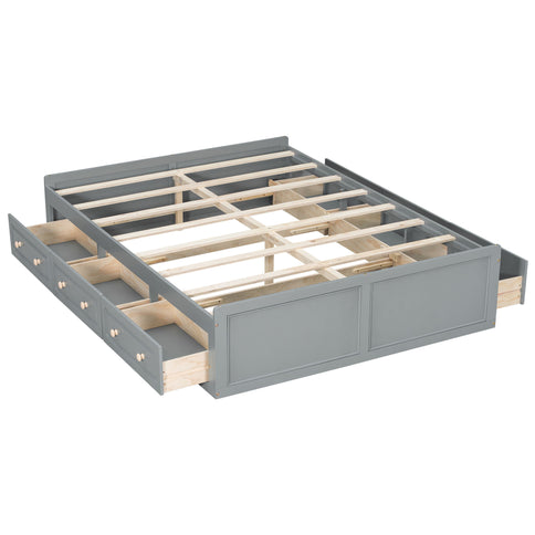 Queen Size Platform Bed Frame With 6 Drawers - Gray