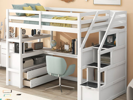Loft Bed With Desk, Shelves, 2 Drawers, Storage Staircase