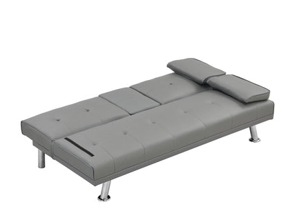 Sofa Bed With Armrest Two Holders Wood Frame, Stainless Leg Futon - Gray
