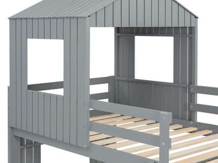 Loft Bunk Bed With Playhouse, Farmhouse, Ladder, Slide And Guardrails