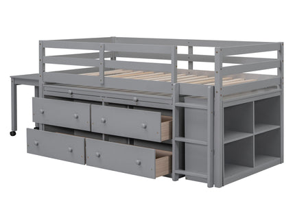 Loft Bed With Retractable Writing Desk And 4 Drawers, With Lateral Portable Desk And Shelves