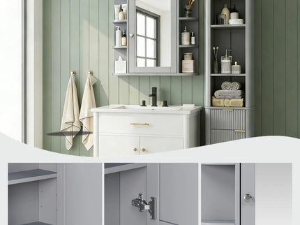 Bathroom Wall Storage Cabinet With Mirror And Adjustable Shelf, 6 Open Shelves