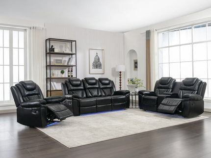 3 Pieces Recliner Sofa Sets Home Theater Seating Manual Recliner Chair With Center Console And LED Light Strip For Living Room