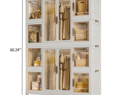 Portable Wardrobe Closet Storage Organizer For Clothes With Magnetic Doors, 12 Cubes & 2 Hanging Rods - White