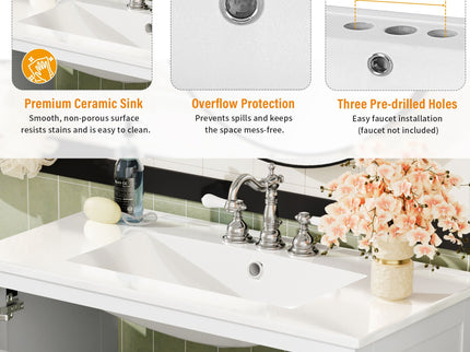 Bathroom Vanity With Sink, Soft Close Doors, Double Storage Shelves & Divided Drawer Ample Storage - White