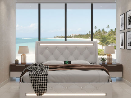 Wingback Upholstered Bed Frame With LED Lights, Charging Station