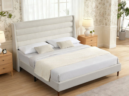Modern Upholstered Platform Bed With Wave Shaped Headboard