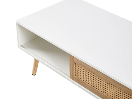 41.34" Rattan Coffee Table, Sliding Door For Storage, Solid Wood Legs, Modern Table For Living Room