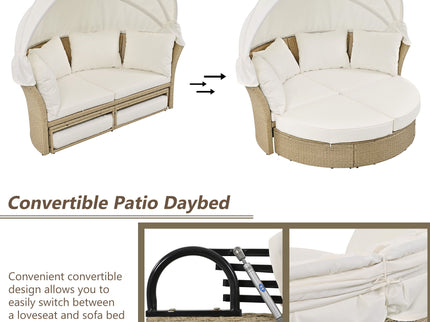 Outdoor Patio Daybed Wicker Rattan Double Daybed Round Sofa Furniture Set With Retractable Canopy, 4 Pillows For Lawn Garden