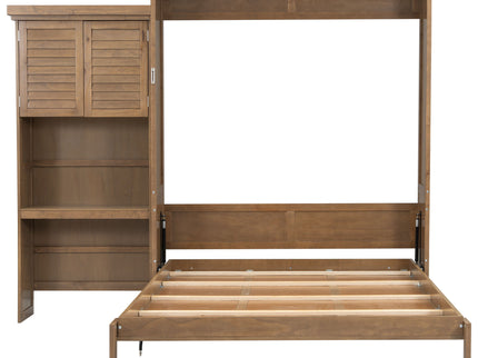 Queen Size Murphy Bed With Louvered Design And Multiple Storage Shelves - Wood