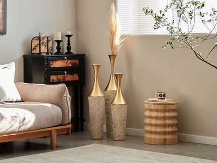 Floor Metal Vase Modern Style Decoration Home Woven Pattern Metal Vase 3 Piece Set Gorgeous Home Decoration Large Glazed Metal Vase - Champagne